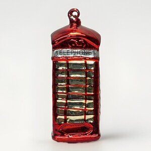 Pottery Barn Red Telephone Booth Glass Christmas Ornament 5”H x 2”W British Gold